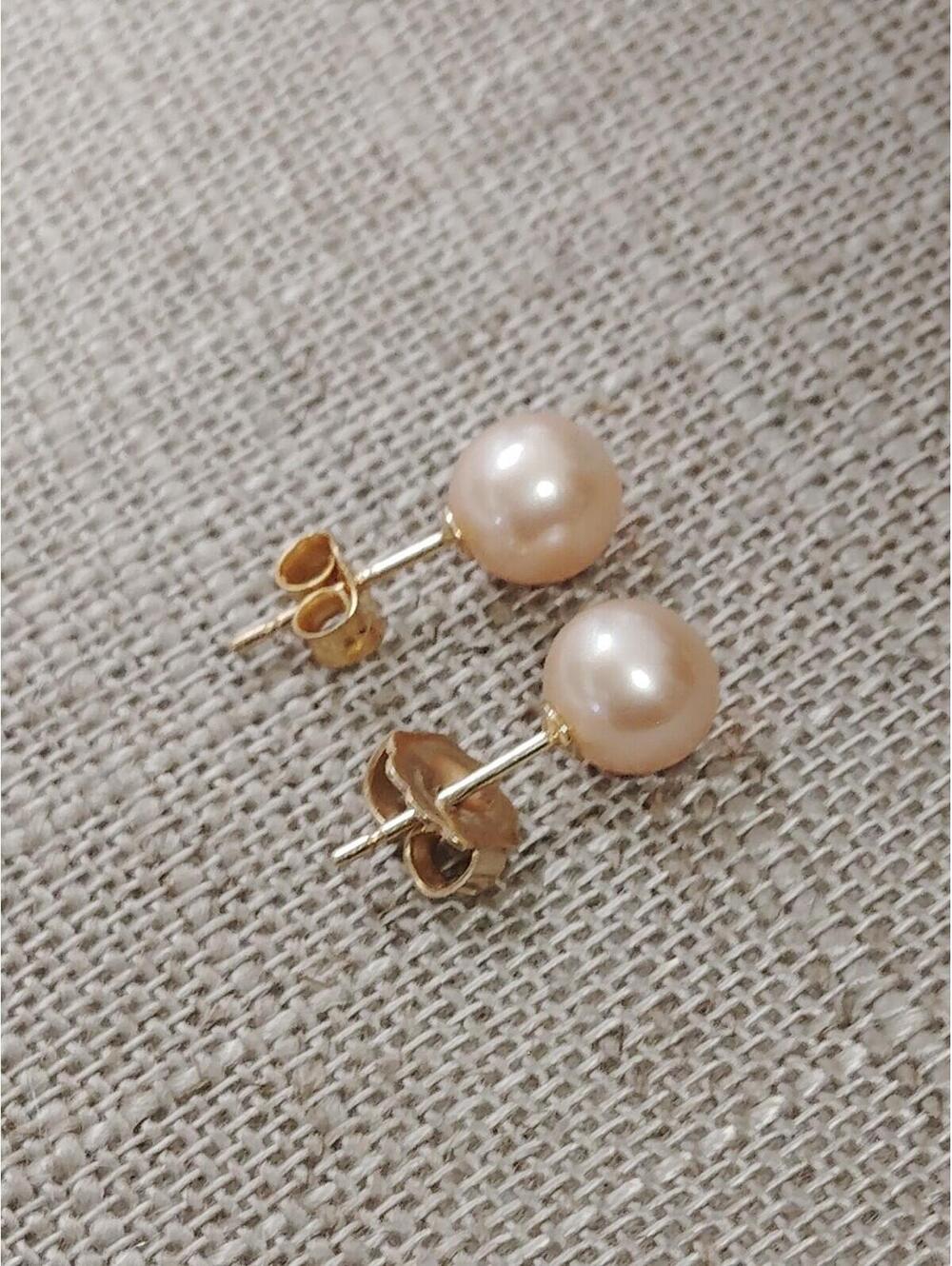 Genuine Peachy Freshwater Pearl Stud earrings 14KT Yellow Gold Post & Backings
